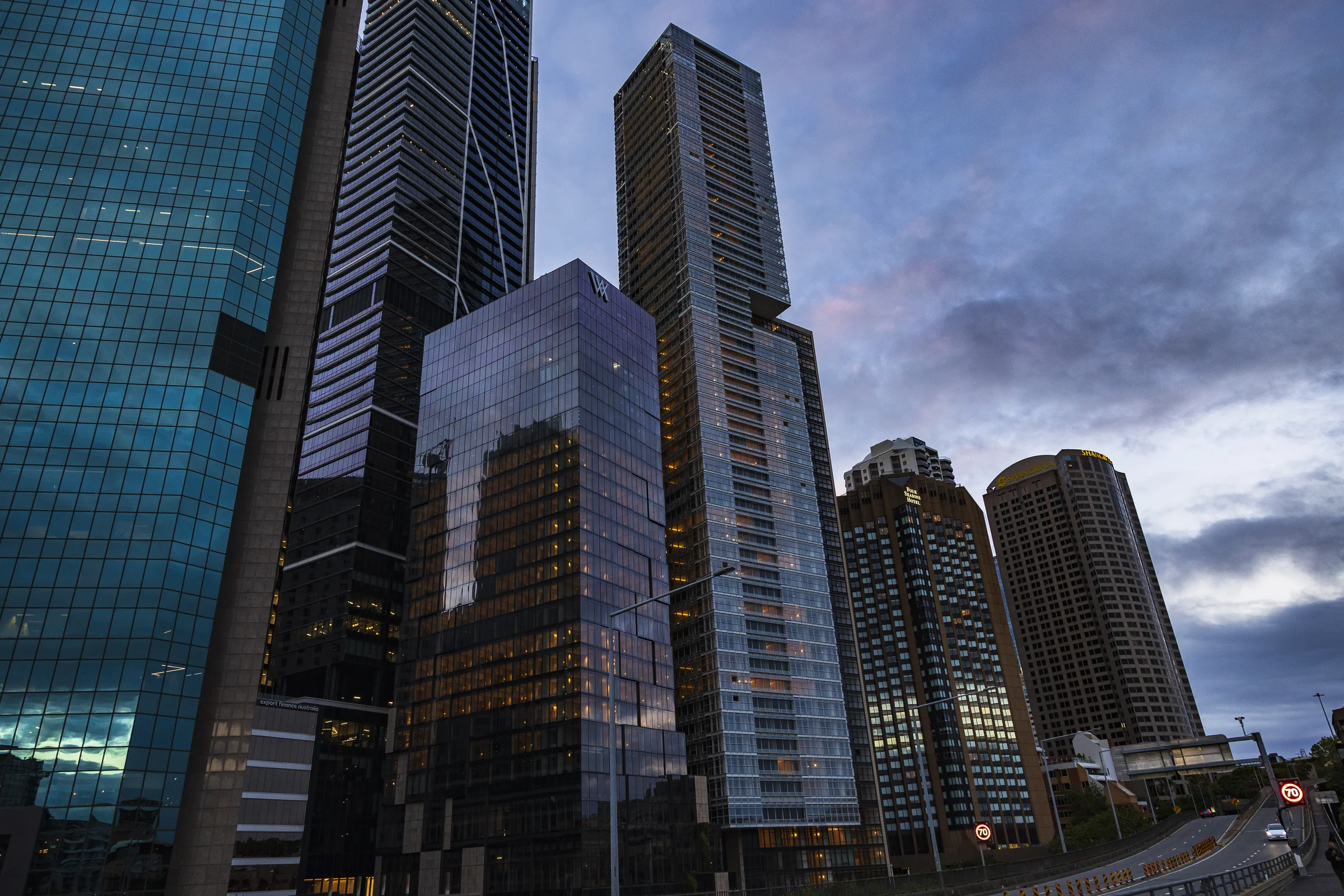 Tall Sydney city buildings viewed from below
