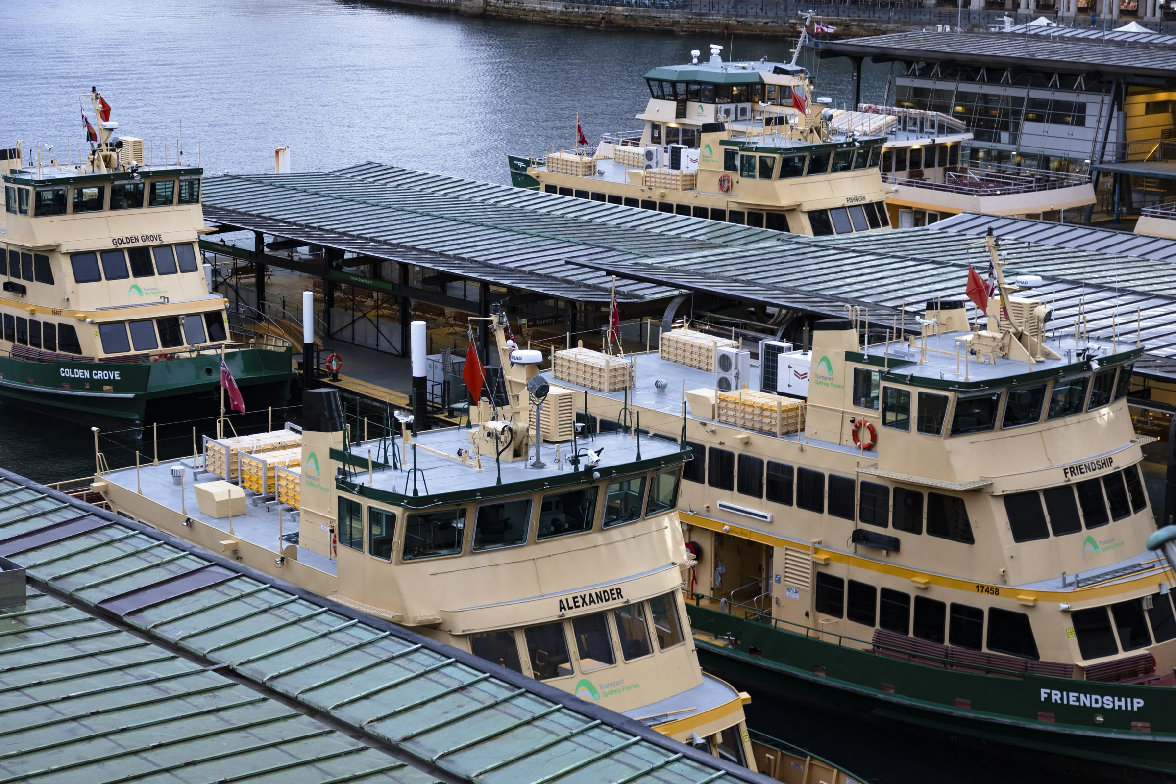 Sydney ferries at Circular Quay seen from above