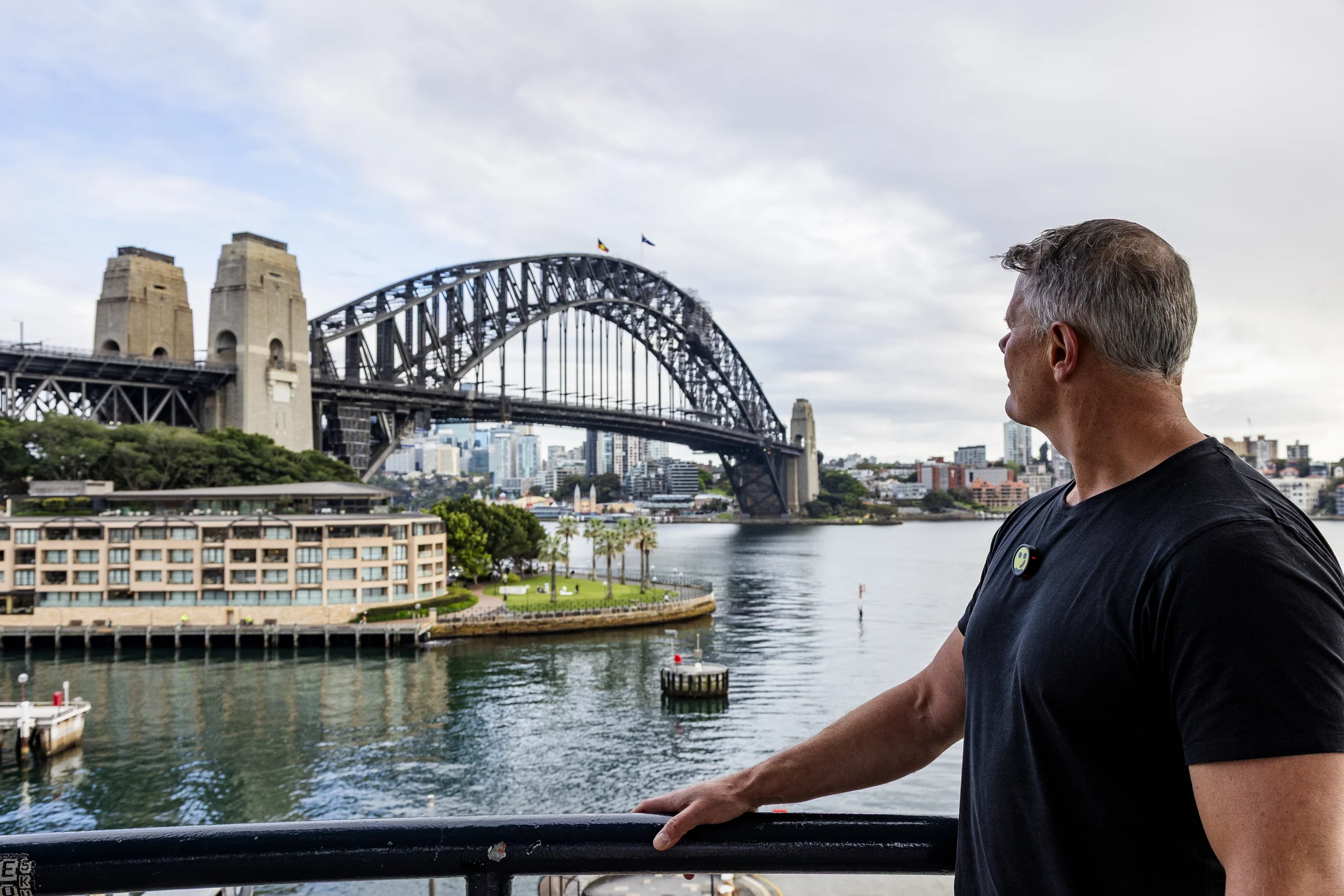 Rob looking towards the Sydney Harbour Bridge from the Cahill Walk