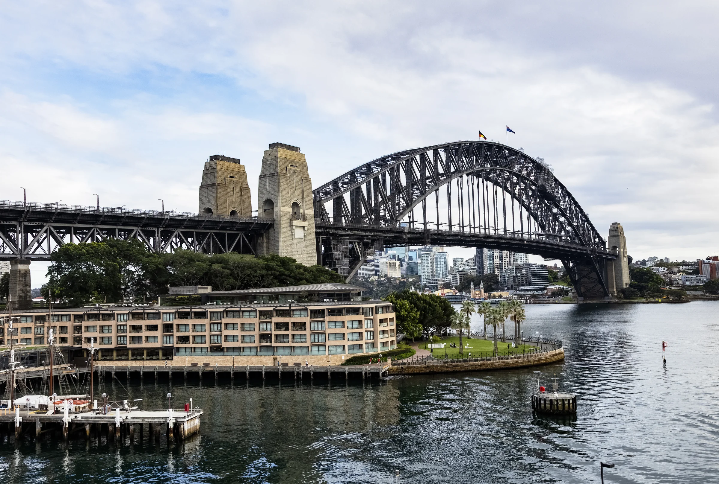 Clear view of Sydney Harbour Bridge and the waterfront below