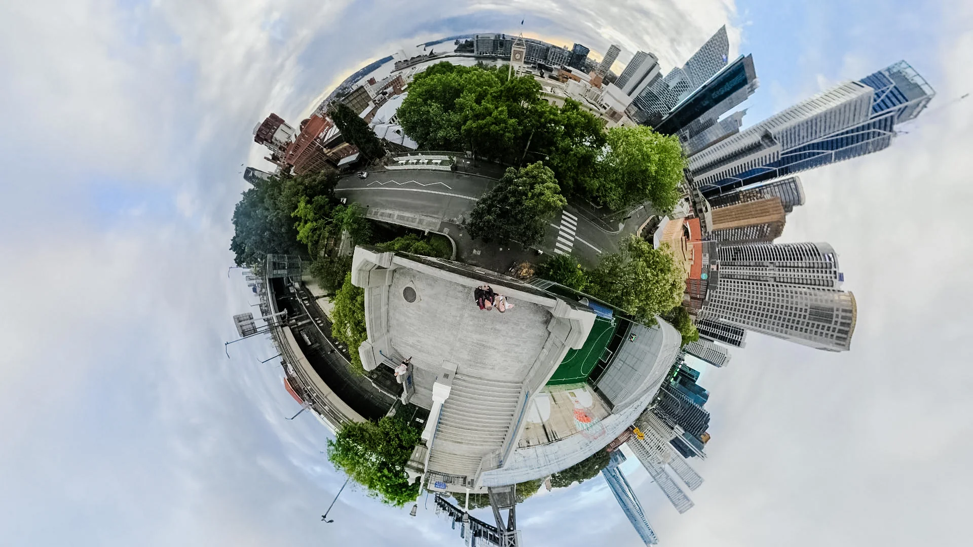 Circular 360-camera perspective of the park and surrounding Sydney buildings