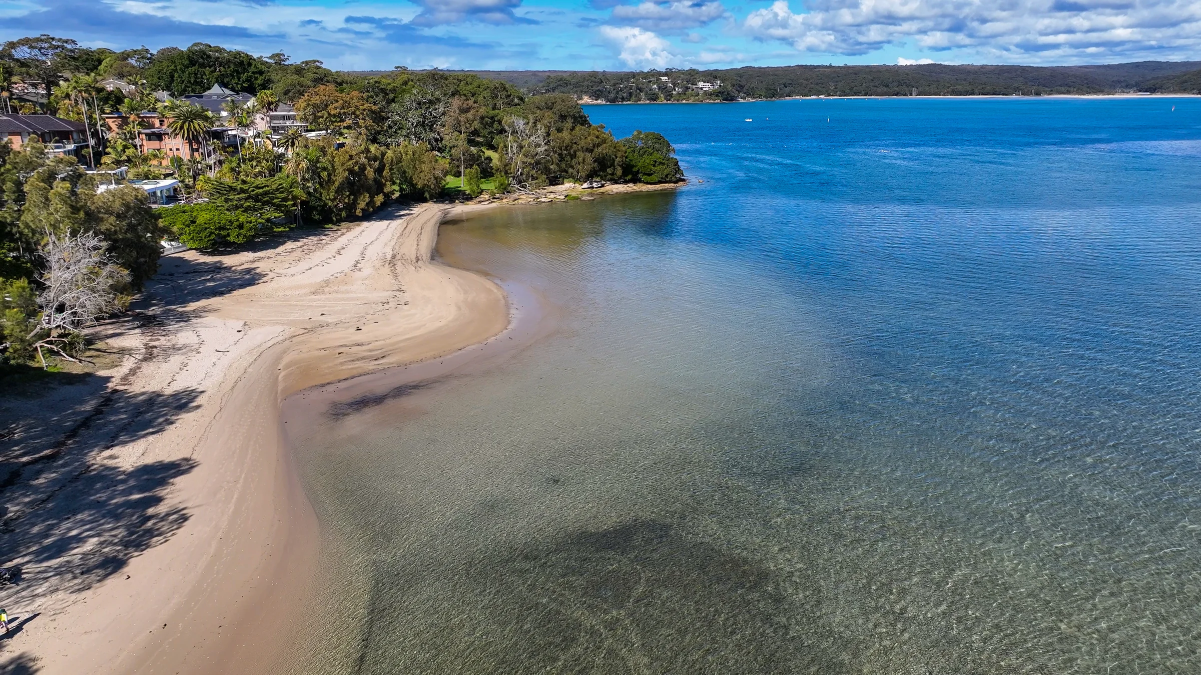 Aerial view along Darook Beach with trees and blue water