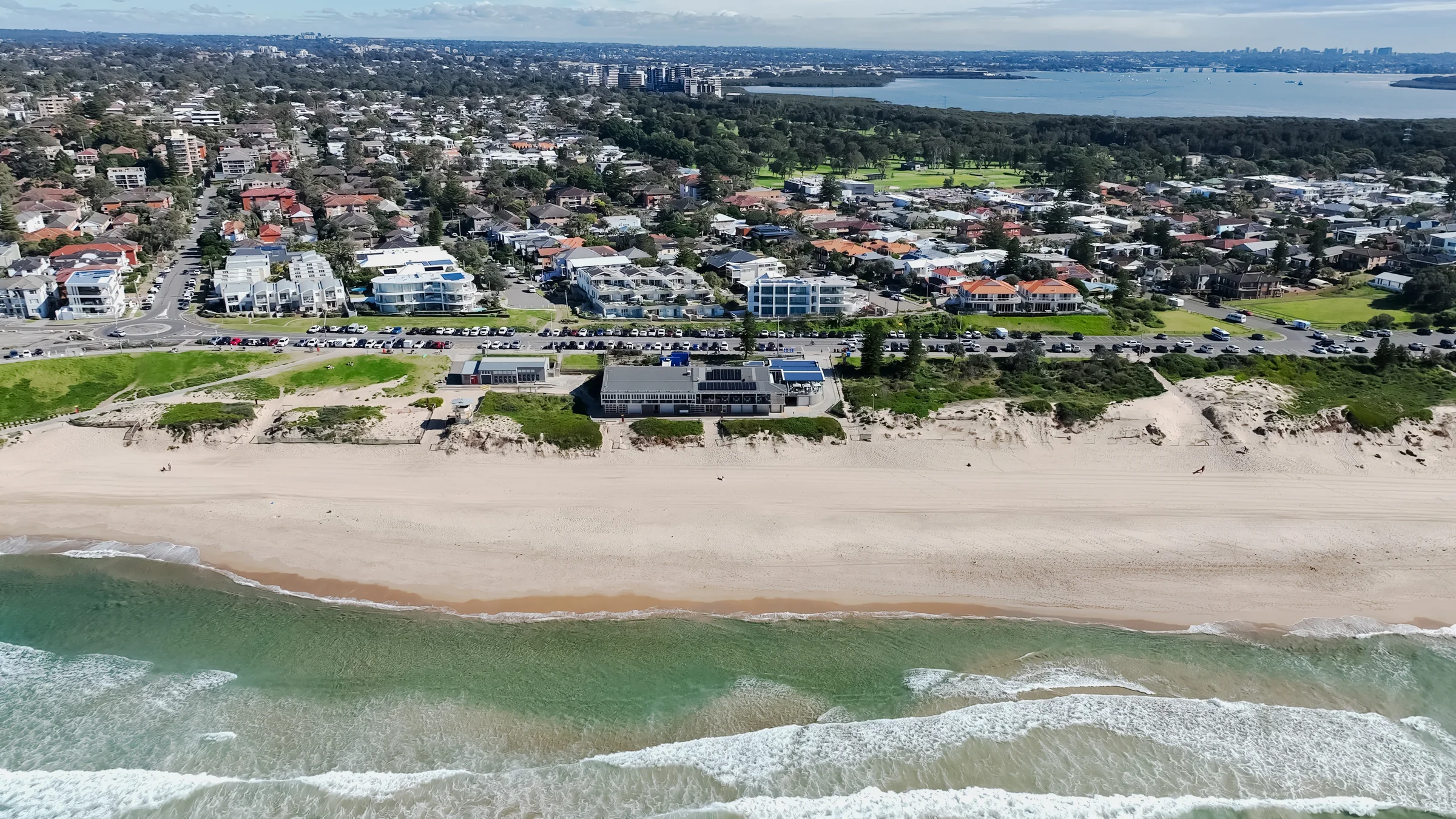 Aerial view of Elouera Surf Club, beach and surrounding streets