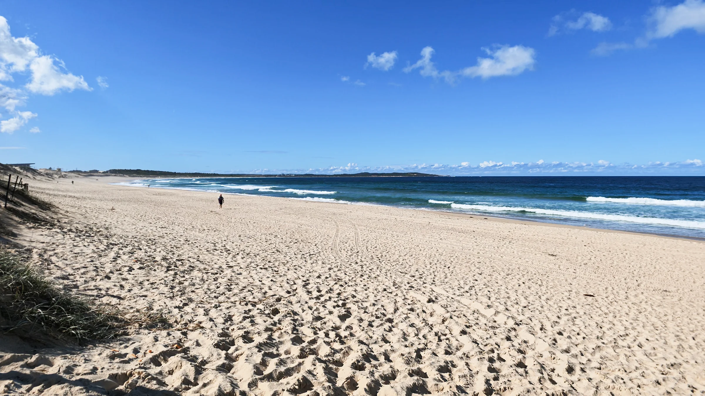 Wide sandy Elouera Beach with a few people and small waves beneath a blue sky