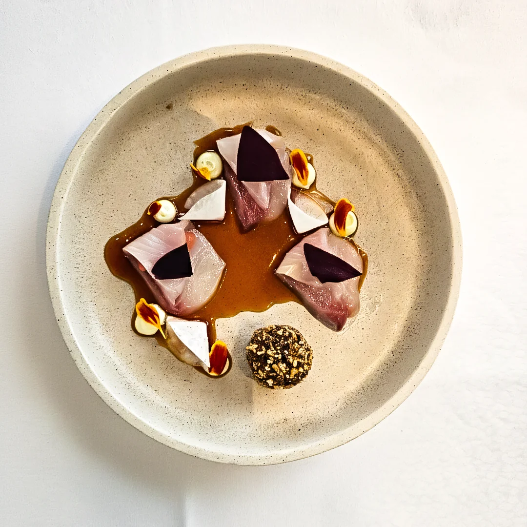 A carefully plated dish on a ceramic plate