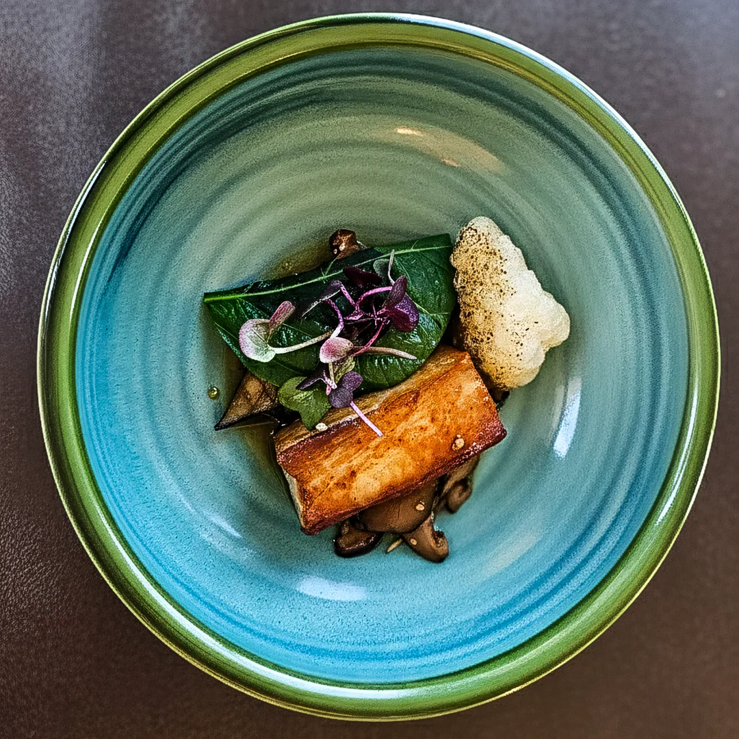 Plated dish in a blue-green bowl