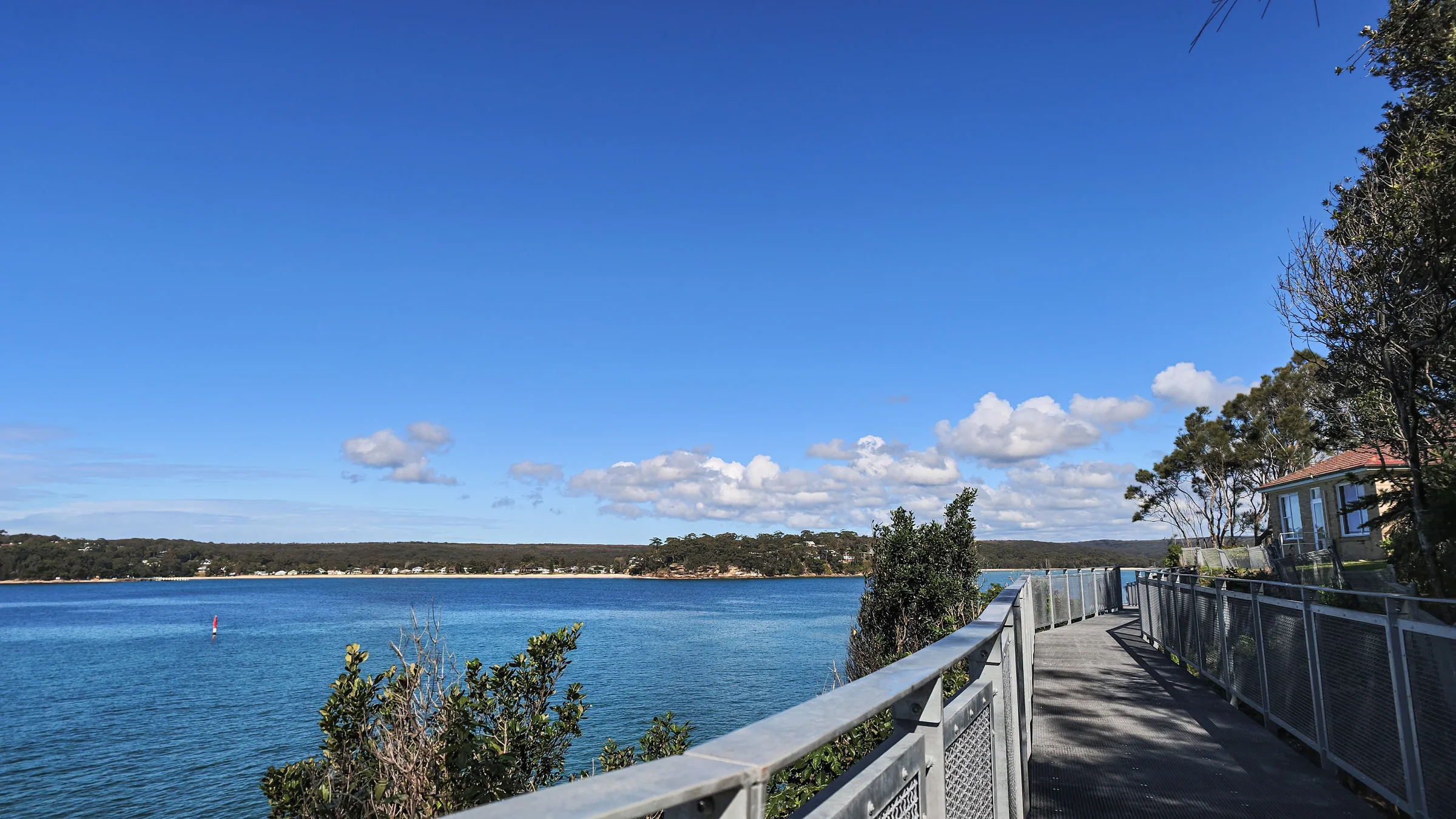 Walkway railings beside trees and blue water at Hungry Point