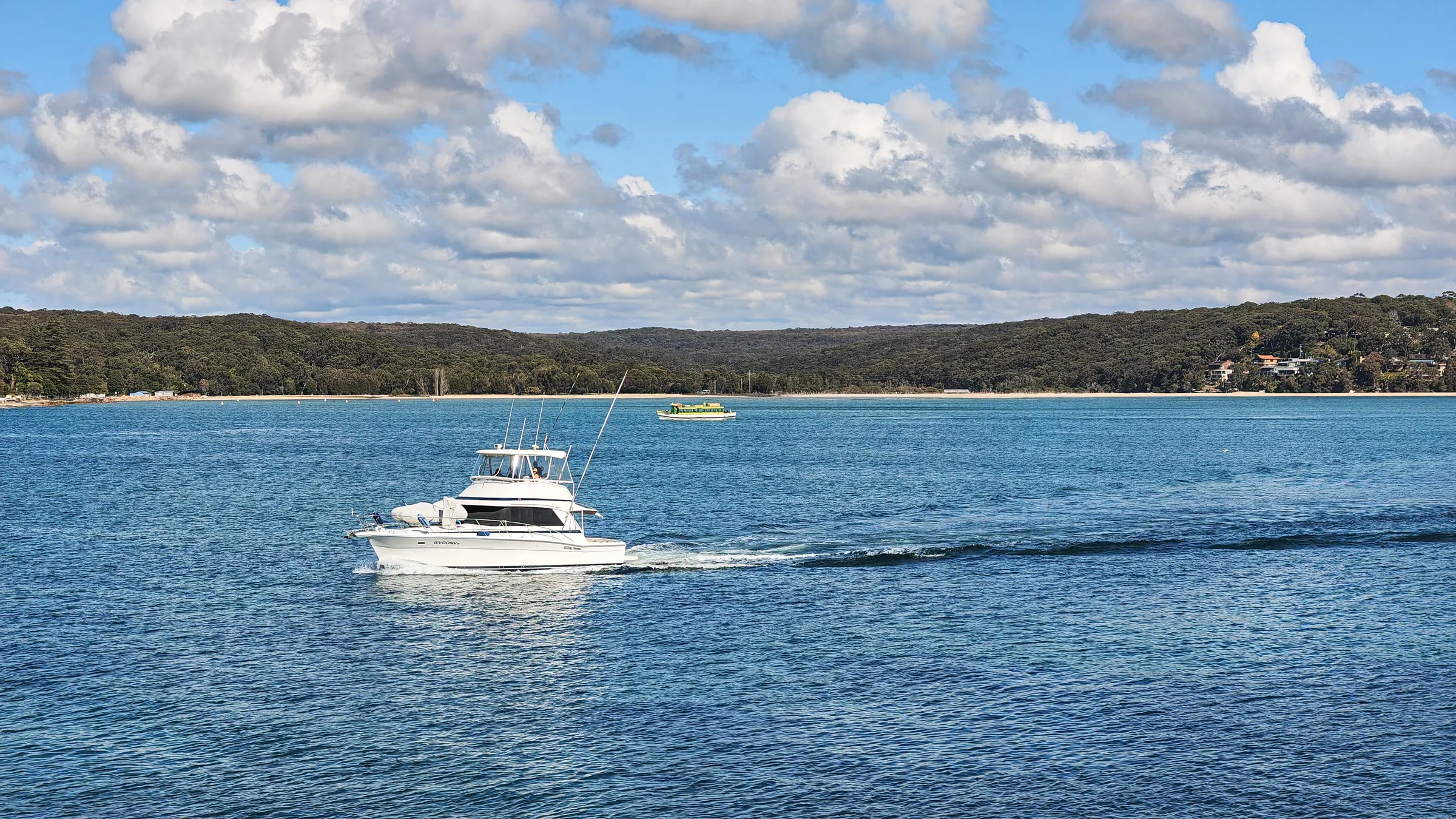 White motorboat passing Hungry Point with a wooded shoreline behind it