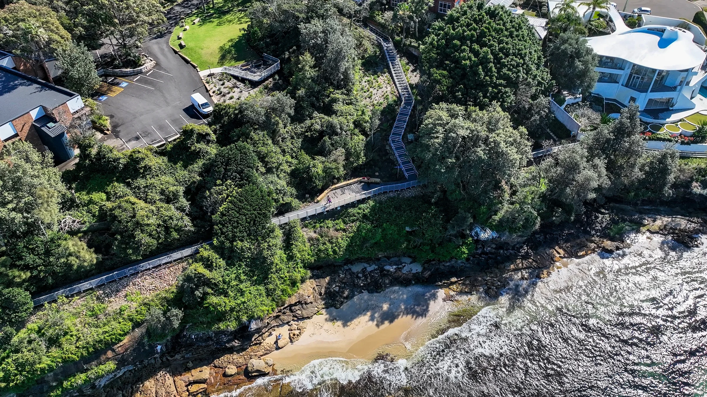 Overhead view of the Hungry Point reserve and stairs leading to the walkway