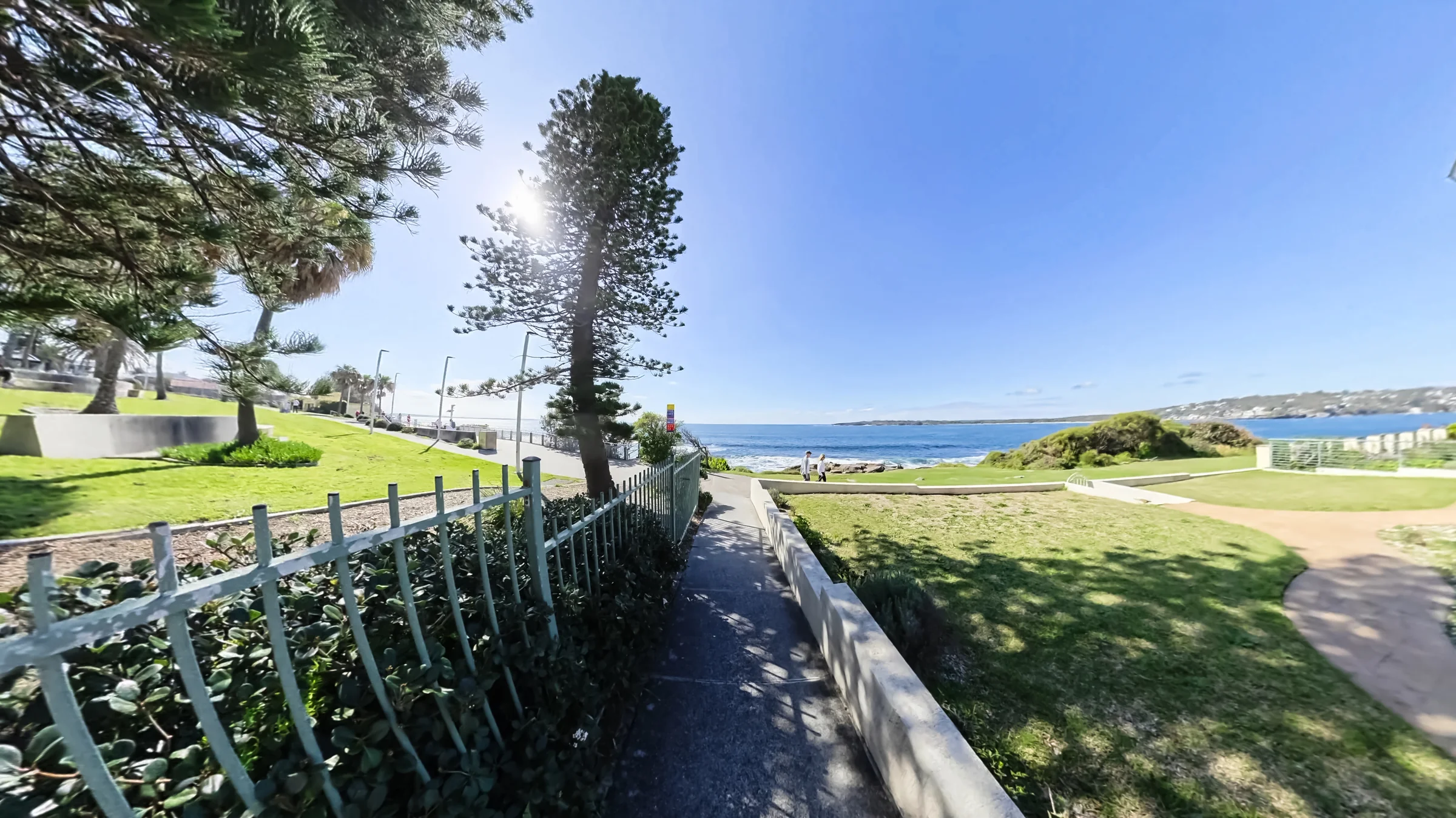 Path between green lawns and tall trees leading towards the ocean