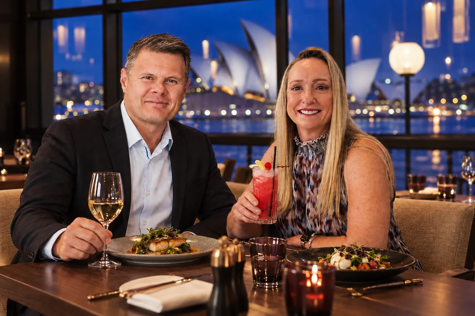 Rob and Sue at a dinner table with the Sydney Opera House in the background
