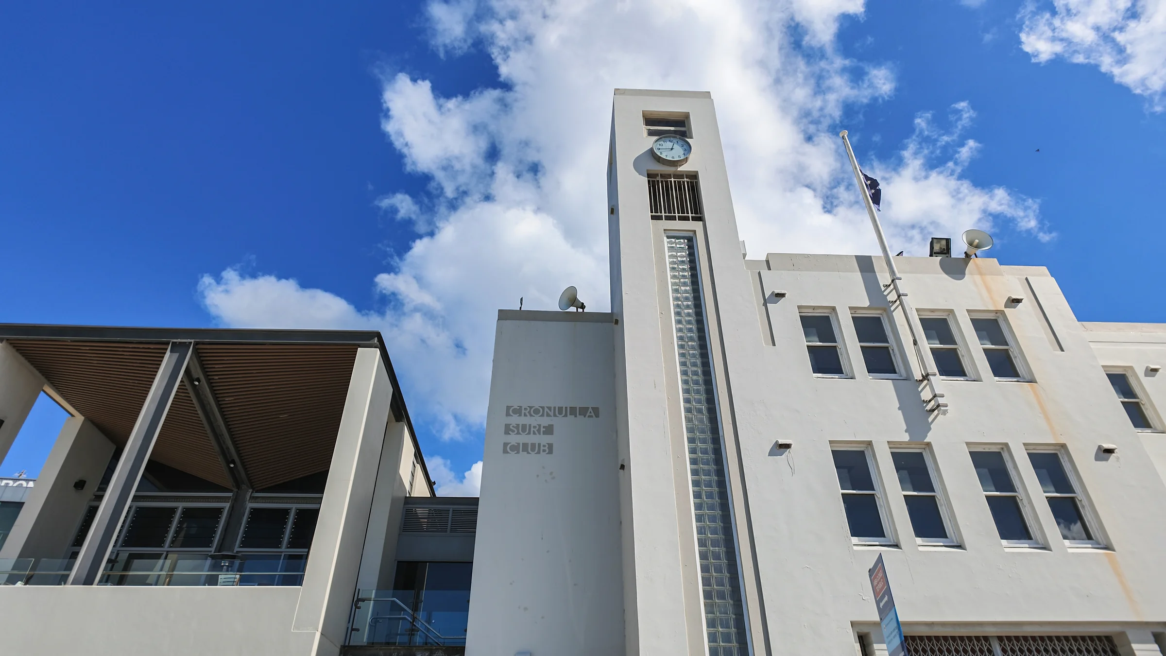 The clock tower and white façade of Cronulla Surf Club